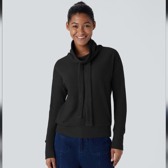 Halara Cowl Neck Drawstring Slouchy Long Sleeve Relaxed Waffle Thermal Sweater - Picture 4 of 4